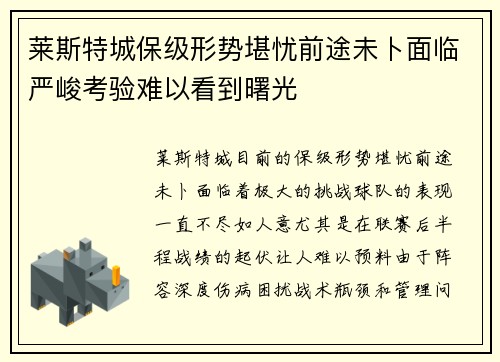 莱斯特城保级形势堪忧前途未卜面临严峻考验难以看到曙光